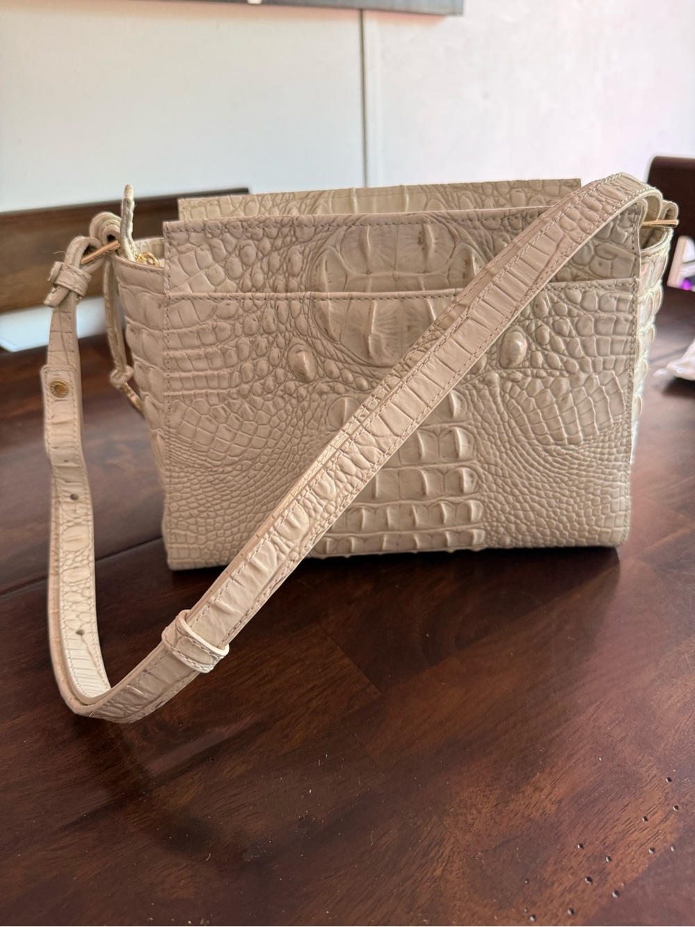 Brahmin Croc-Embossed Cream Crossbody Bag